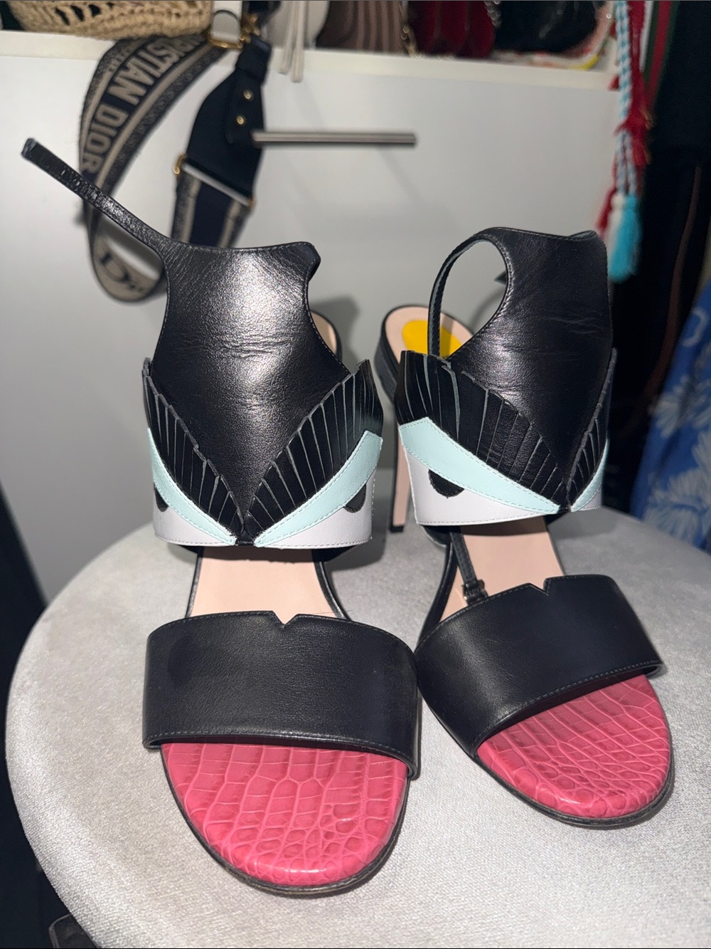 Fendi Black Leather Slingback Sandals with Pink Insole and Mint Accents